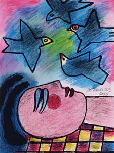 Femme avec Trois Oiseaux